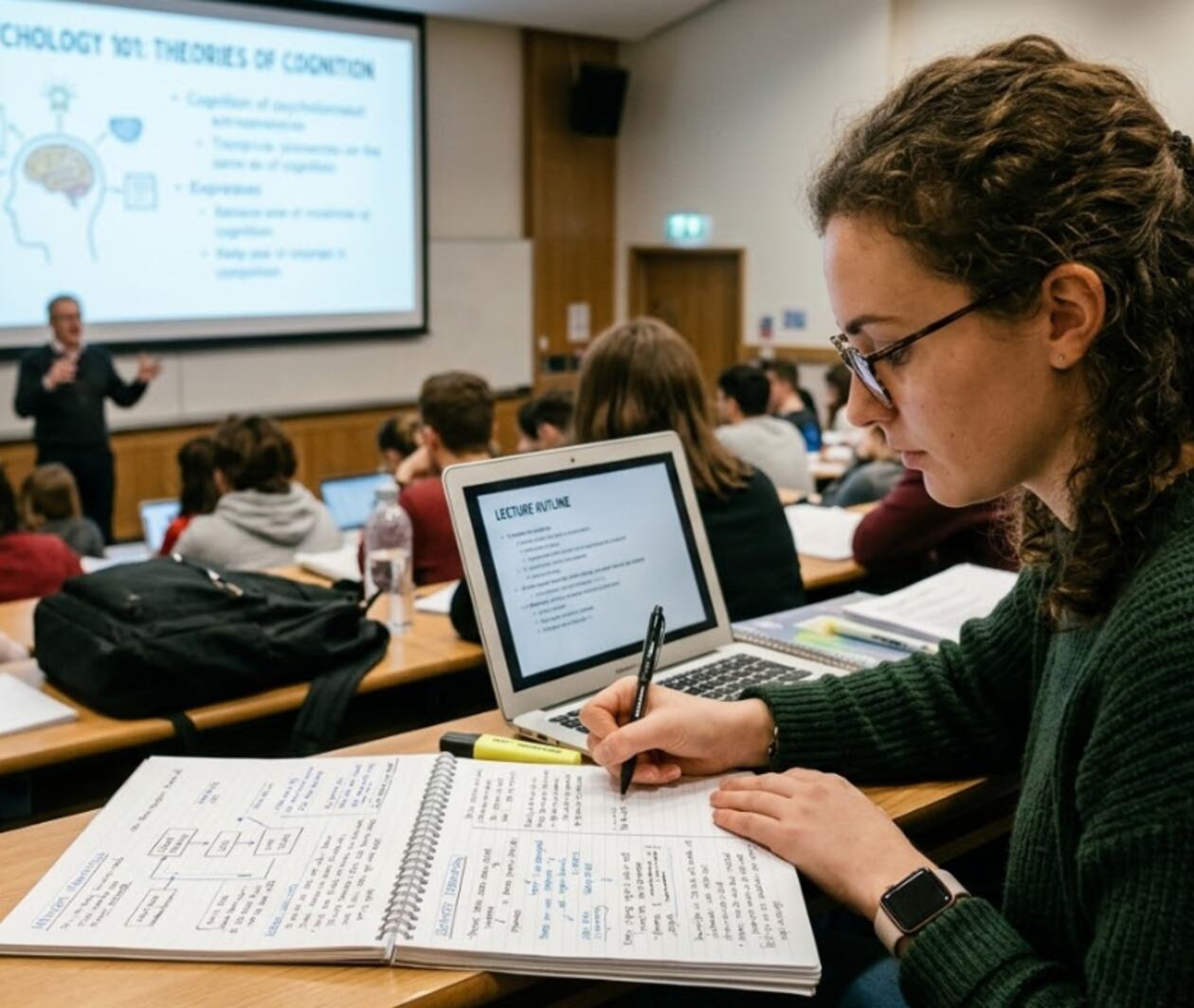 A woman taking notes in a lecture theatre