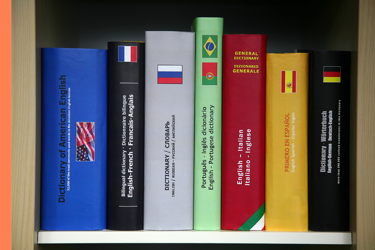 An image of a bookshelf full of dictionaries in various languages.