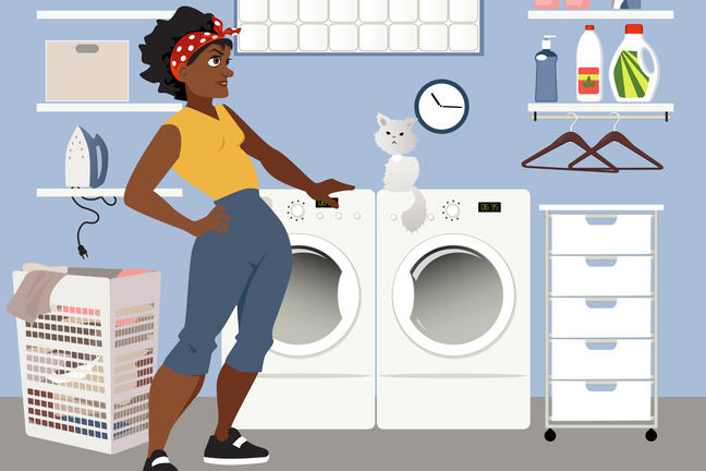 A cartoon image of a young black woman doing laundry in her house