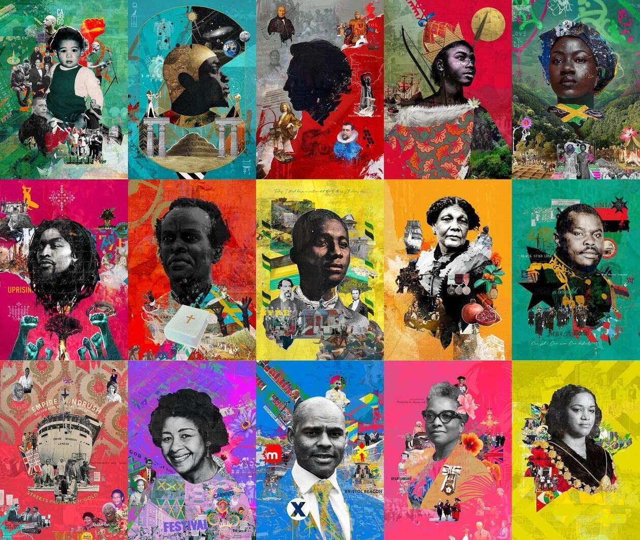 A grid of 15 colourful illustrations of different people who have contributed to Africa's history over a span of 5000 years.