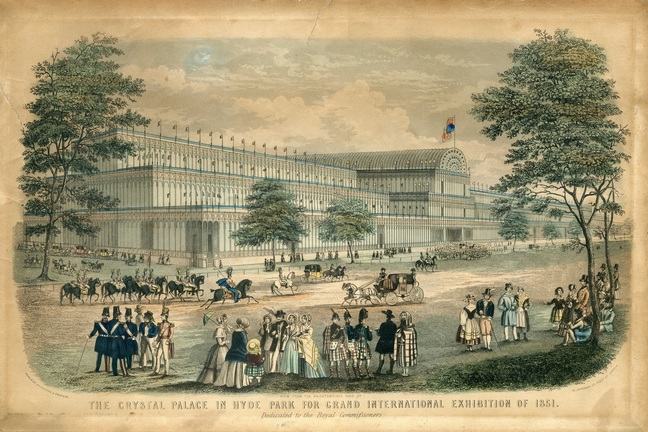 A postcode featuring a drawing. Text reads 'The crystal palace in Hyde Park for Grand International Exhibition of 1851'.