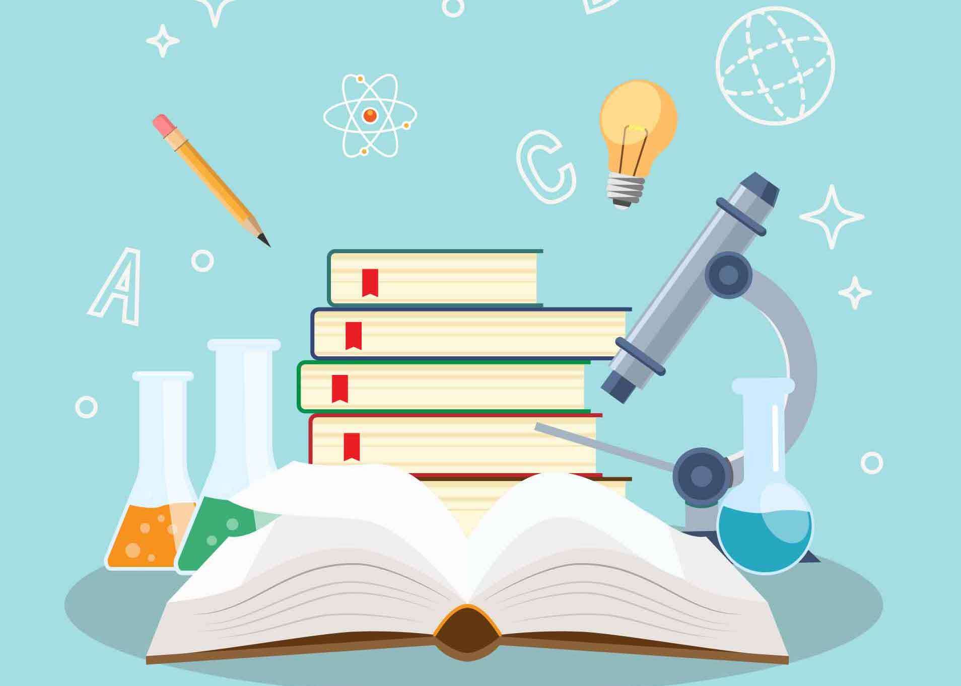 Drawing, illustration of different materials used for learning, such as books, lab equipment, pencils, a microscope books, lab equipment