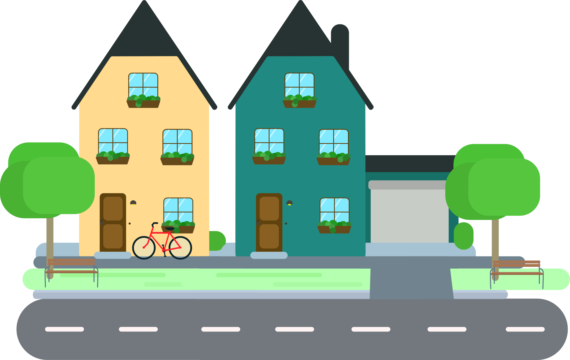 A simple illustration of 2 houses with bicycle in the front garden