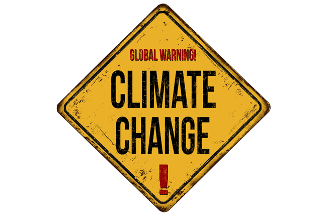 Yellow warning sign with "Global Warming Climate Change" written on it