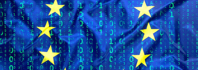 EU Flag with binary 0s and 1s streaming down it