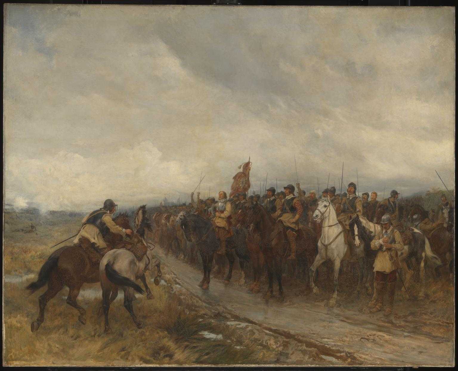 Oil painting depicting Cromwell at the front of English troops before the Battle of Dunbar