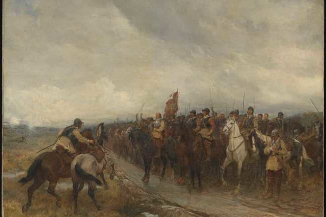 Oil painting depicting Cromwell at the front of English troops before the Battle of Dunbar