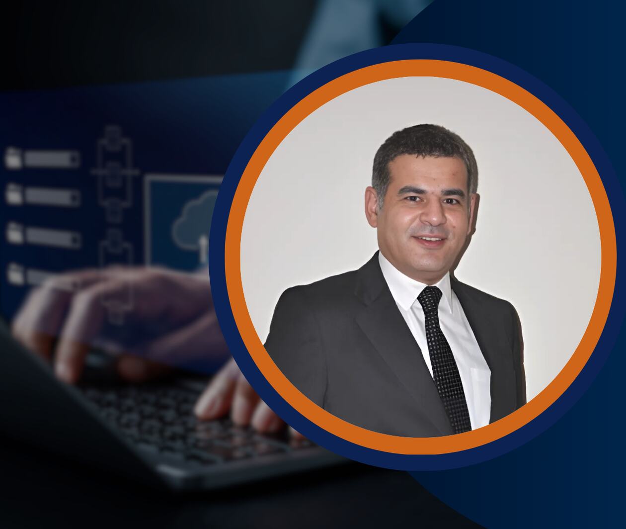 A professional man in a suit, framed in a circular border, with a blurred background showing a hand on a laptop and digital icons. Represents digital transformation, cloud tech, or IT leadership for an eLearning or business technology course.