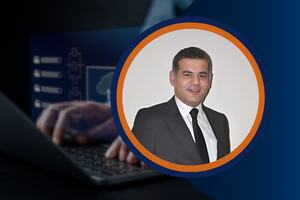 A professional man in a suit, framed in a circular border, with a blurred background showing a hand on a laptop and digital icons. Represents digital transformation, cloud tech, or IT leadership for an eLearning or business technology course.