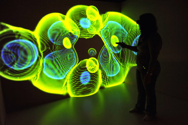 Data represented by 3-D coloured lights in yellow, green and blue