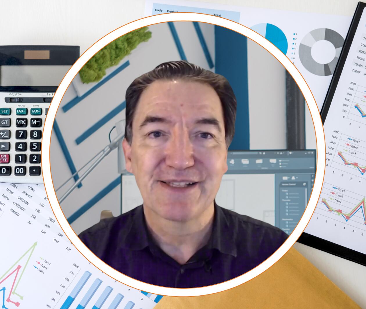 A man speaks in a video call, overlaid on charts, graphs, and a calculator, suggesting a finance or data-related topic.