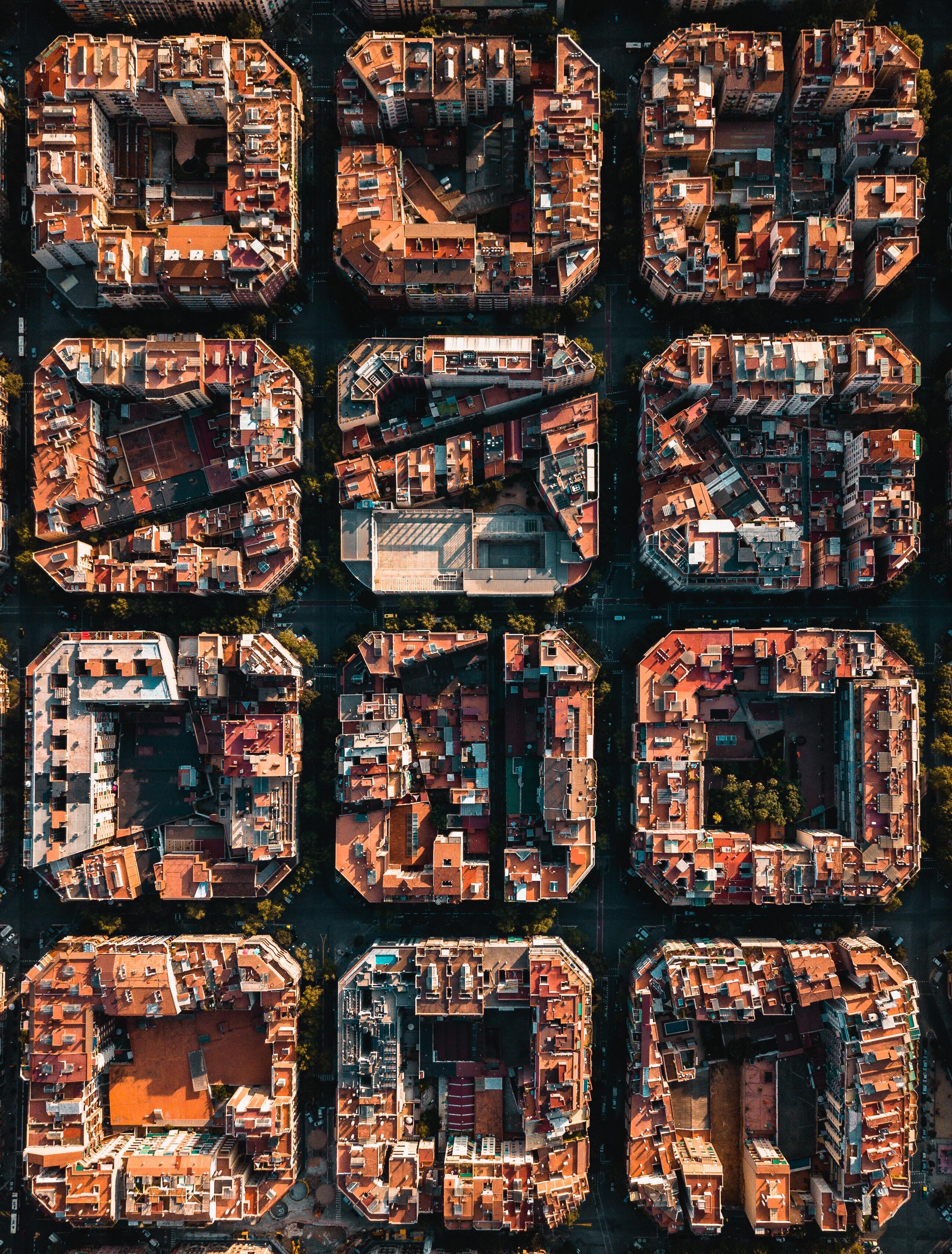 Aerial view over block and street patterns in Barcelona