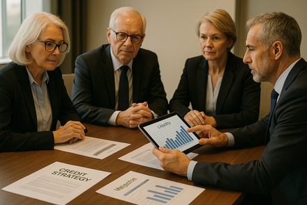 Senior executives in a meeting room review credit strategy documents and liquidity data on a tablet, with soft lighting and modern business attire.