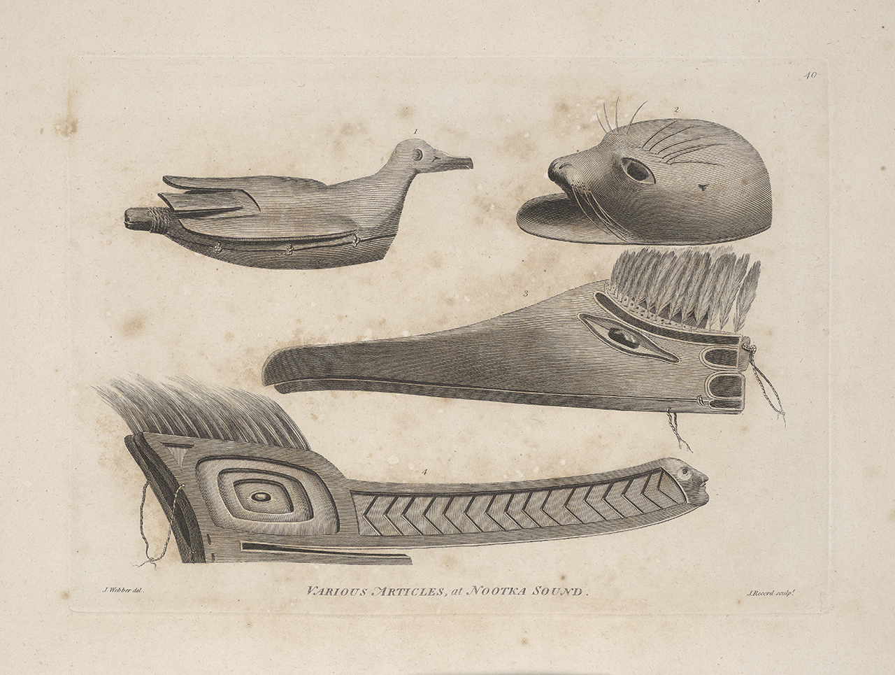 Various Objects at Nootka Sound, print by James Record afer John Webber, 1778. Representations of animals that served as decoys. This shows two Nootkan wood bird masks, a bird rattle, and an Alaskan seal decoy helmet Print showing Objects at Nootka Sound with representations of animals that served as decoys. This shows two Nootkan wood bird masks, a bird rattle, and an Alaskan seal decoy helmet