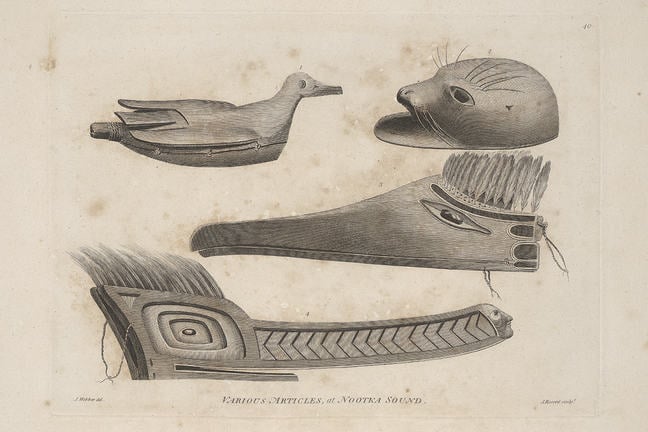 Print showing Objects at Nootka Sound with representations of animals that served as decoys. This shows two Nootkan wood bird masks, a bird rattle, and an Alaskan seal decoy helmet