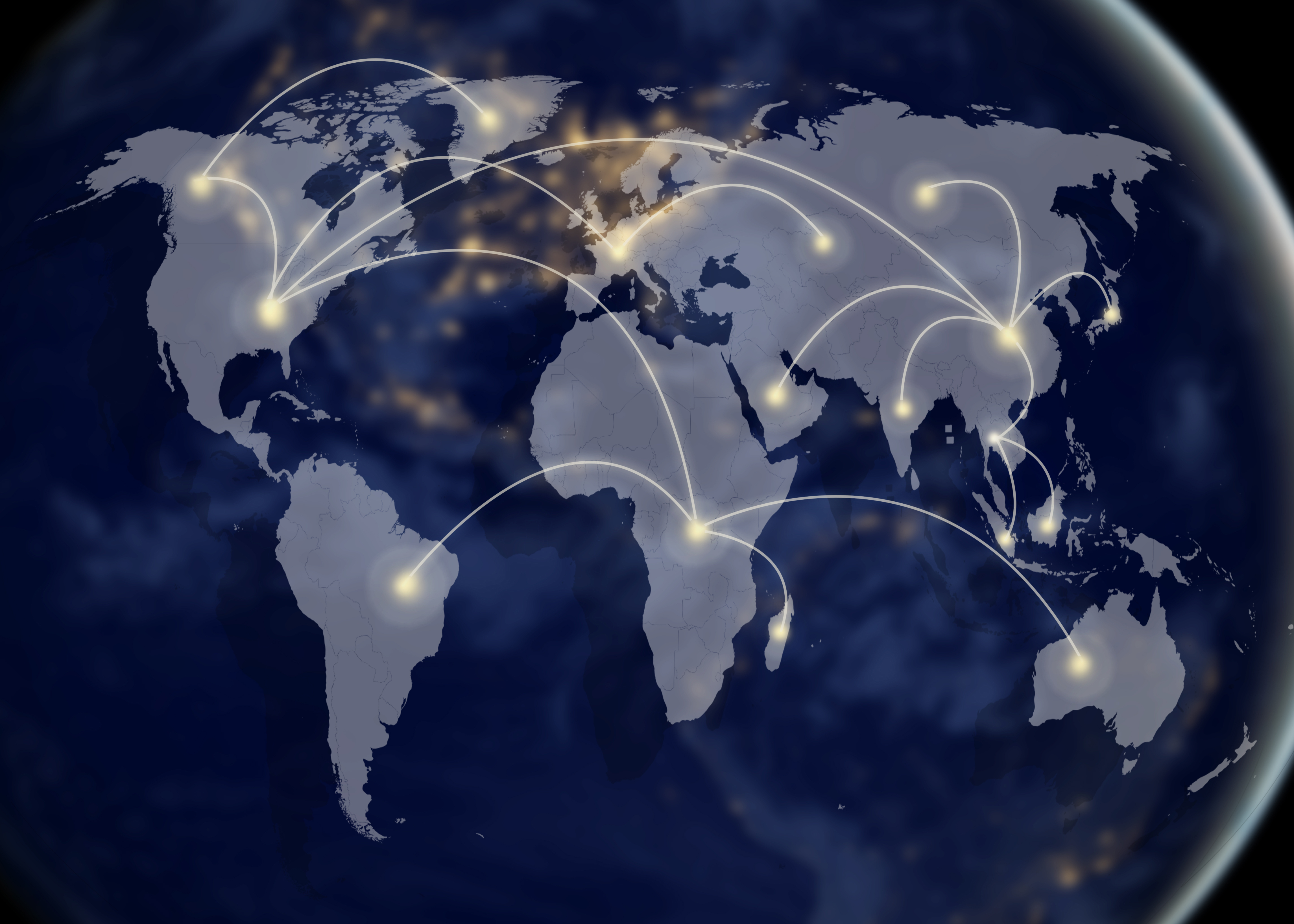 Map of the world showing network connections between the different countries,