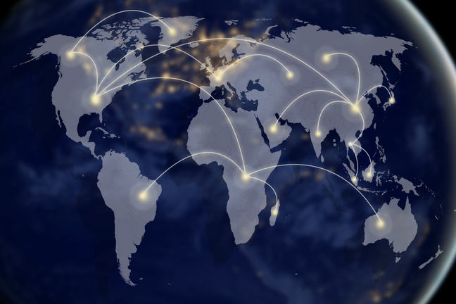 Map of the world showing network connections between the different countries,