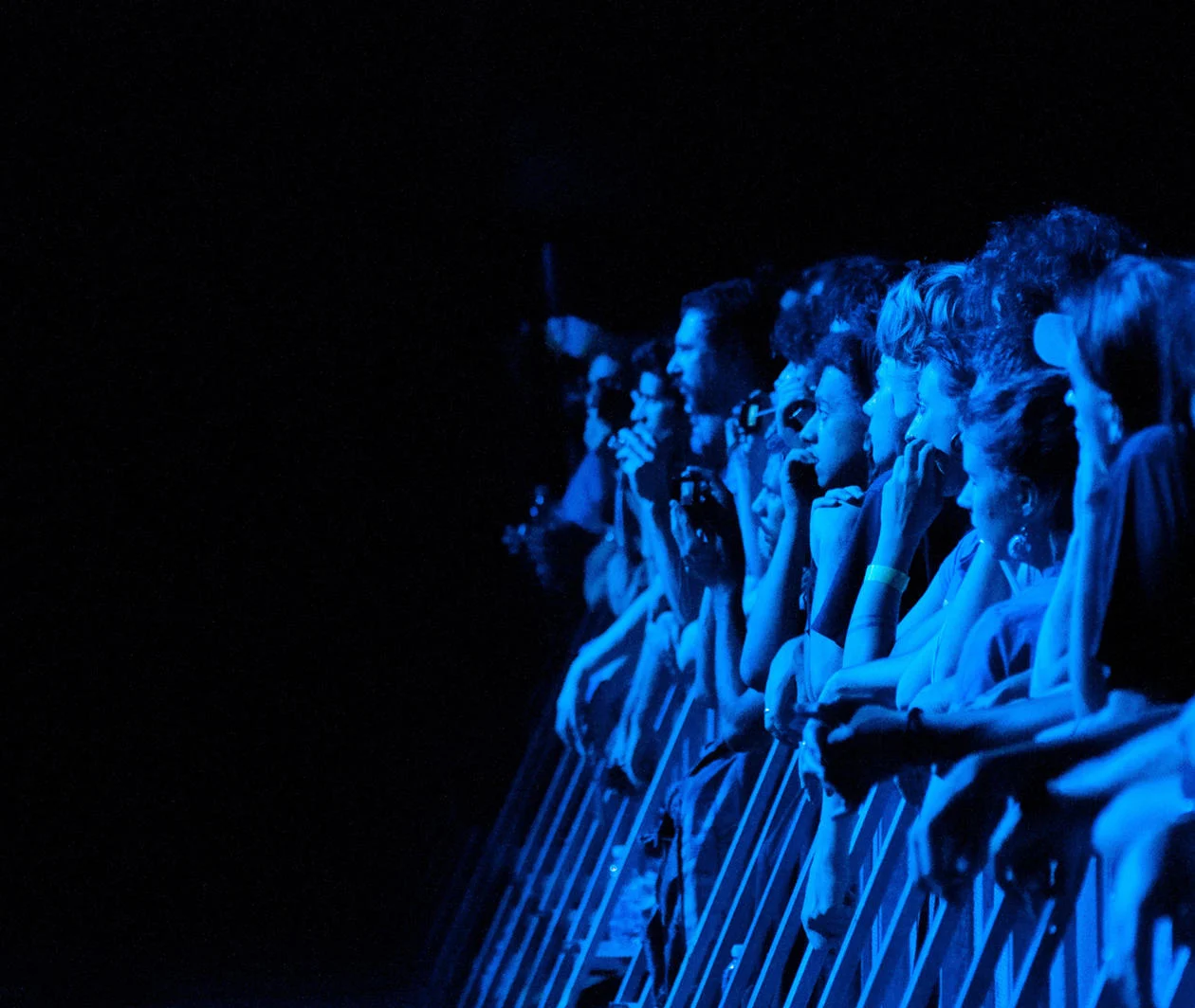 Crowd of people leaning over a barrier at a concert