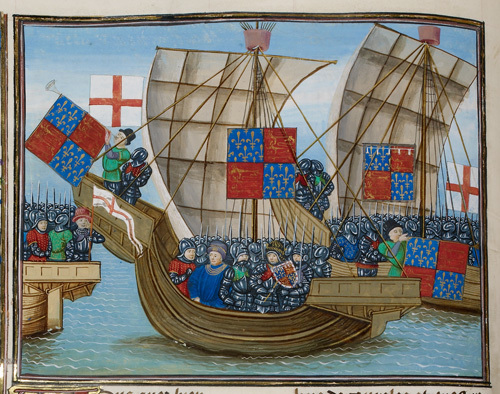 Detail of medieval ships with the royal arms of England