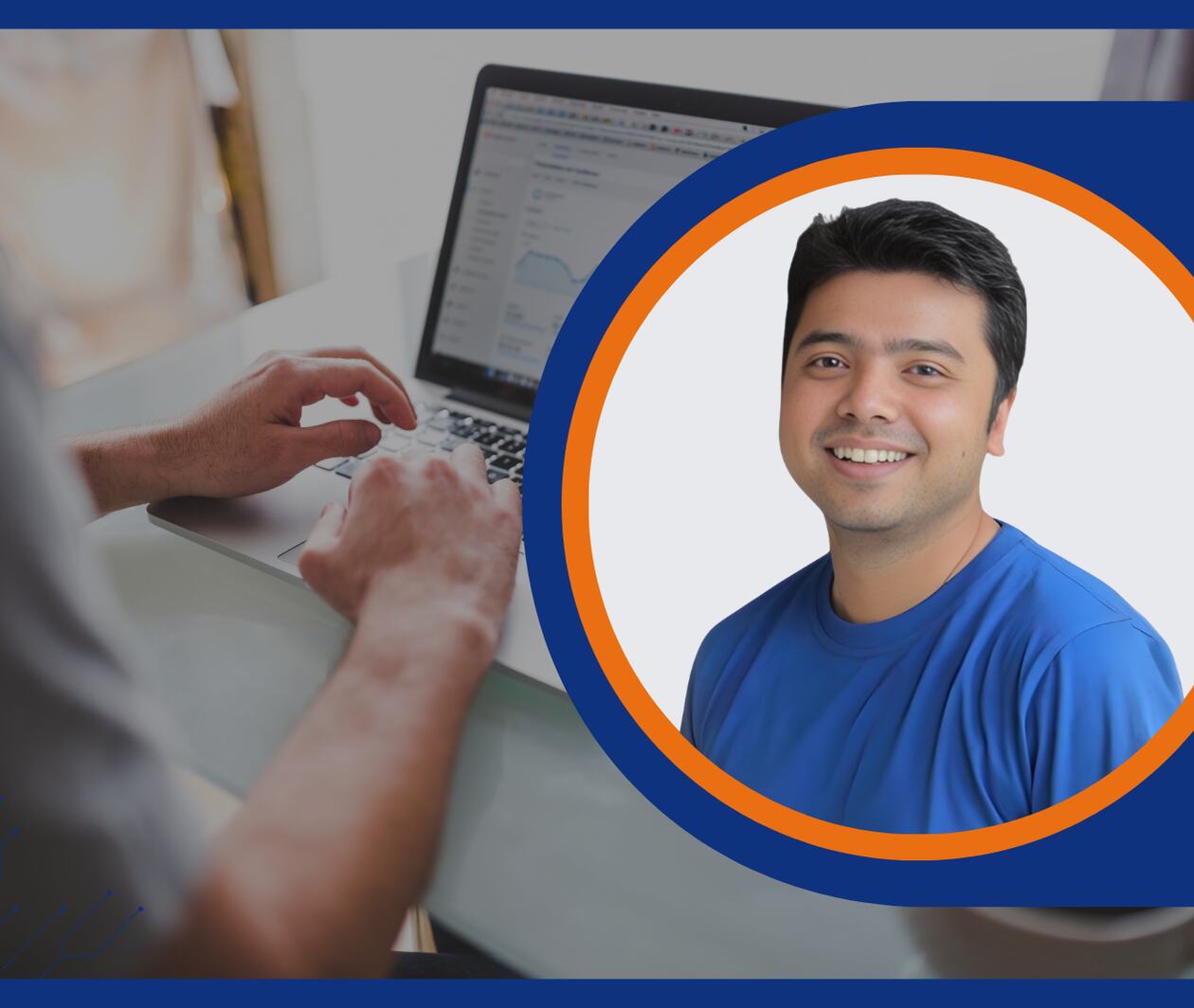 Professional digital marketer working on a laptop with campaign analytics beside an instructor portrait. Represents Facebook advertising, social media marketing, audience targeting, campaign management, and digital marketing training.