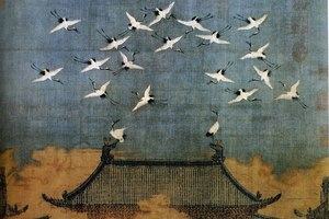 Auspicious Cranes, ink and color on silk by Emperor Huizong of Song, 1112.