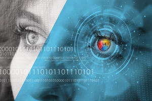 A woman looking into the distance with a cyber technology panel laid over her left eye.