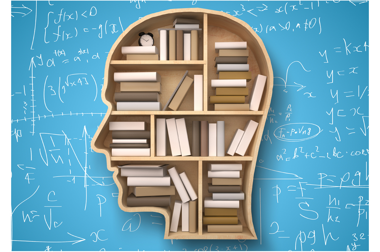 Wooden human head filled with books on blue background with scrawled mathematical symbols