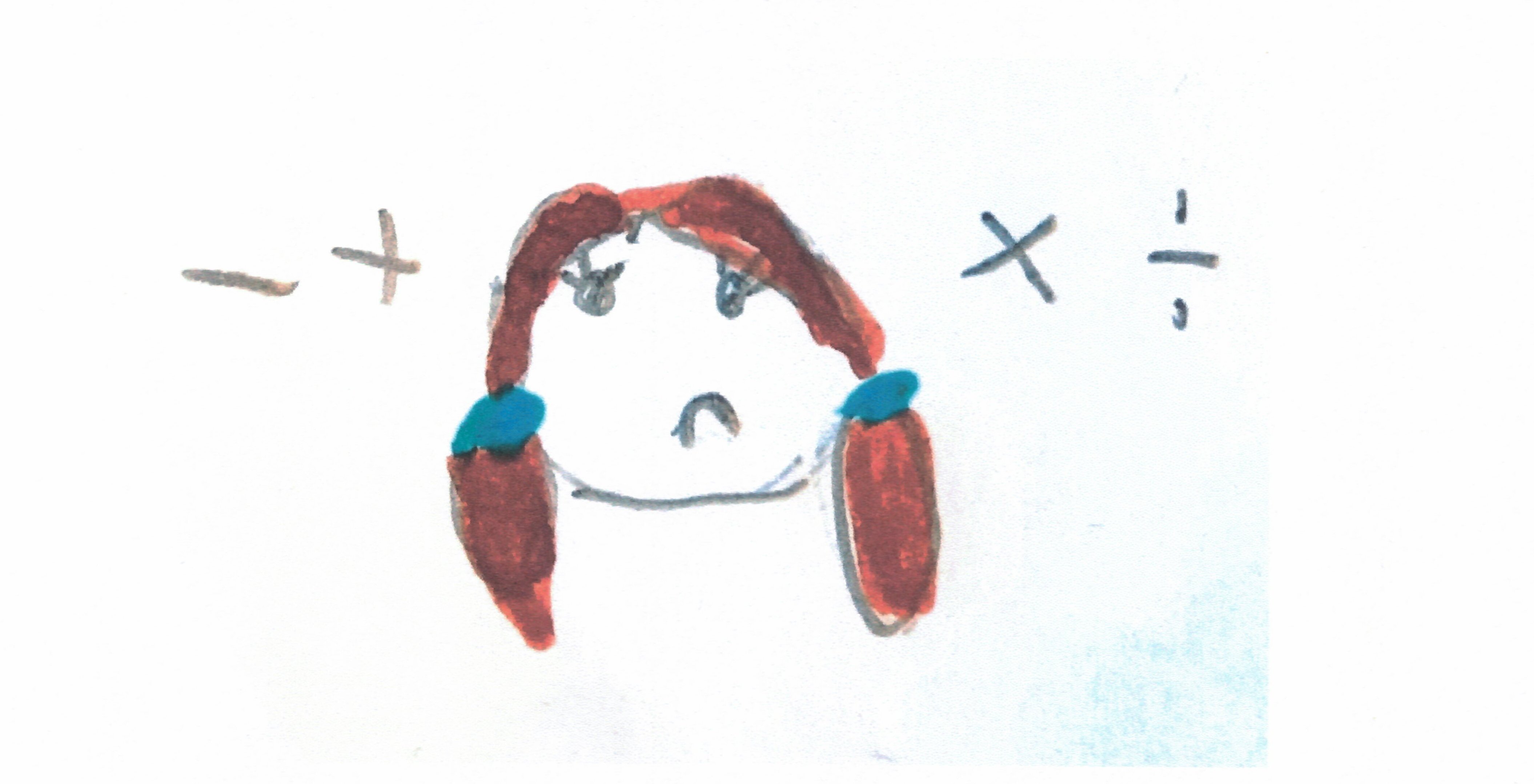 Child's drawing of a sad face, with mathematical symbols around her face