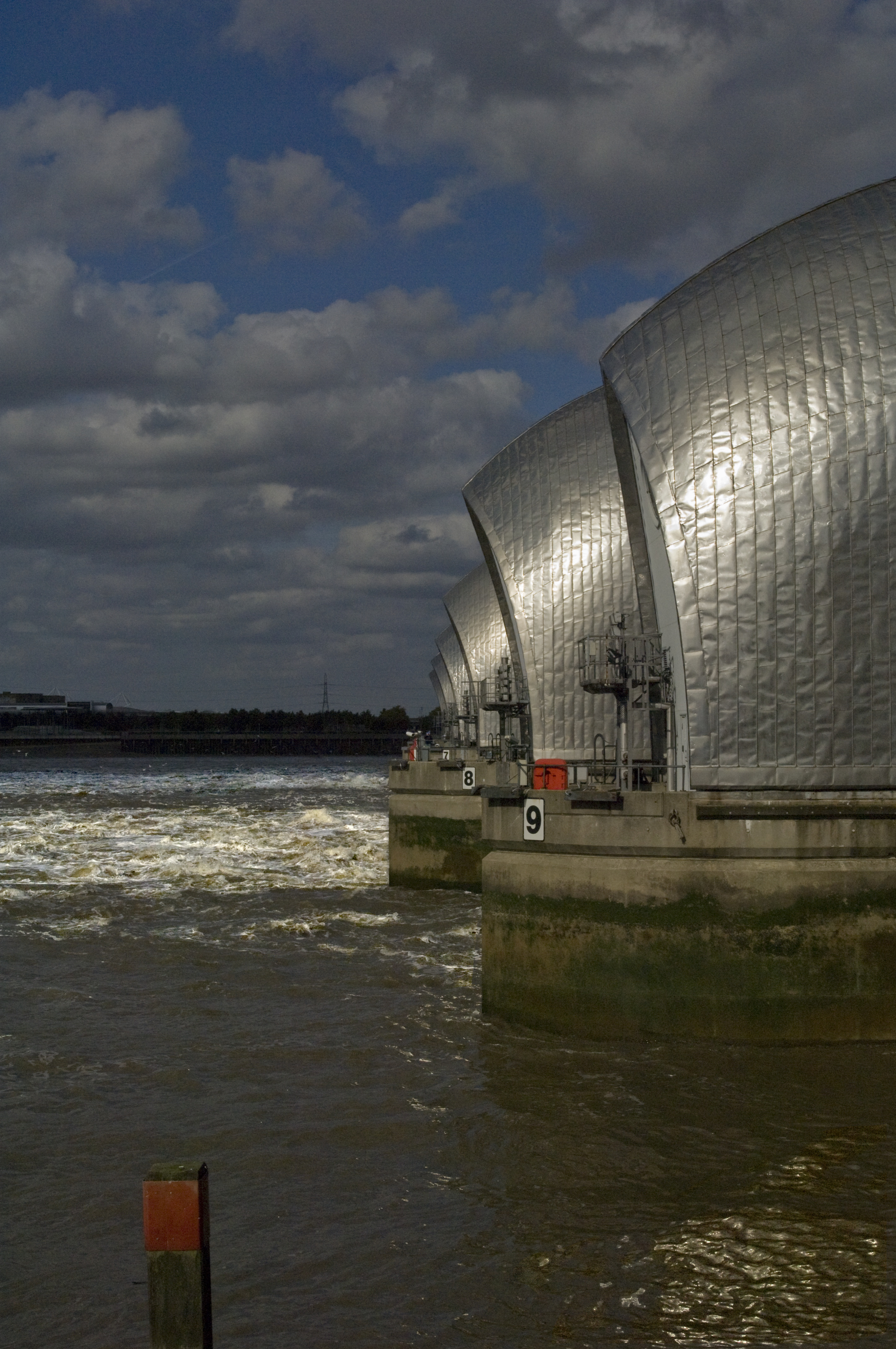 General view looking along the Thames flood barrier from the south