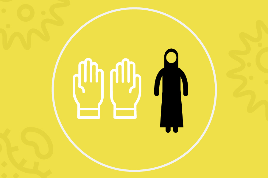 A cartoon image of person wearing a quarantine suit is standing beside a picture of gloved hands. A white line encircles both figures with a yellow background.