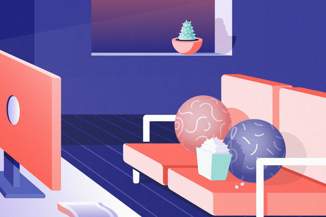 Two spheres sitting on a sofa watching media uploaded to the Internet.