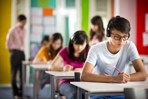 Students taking a test in the classroom