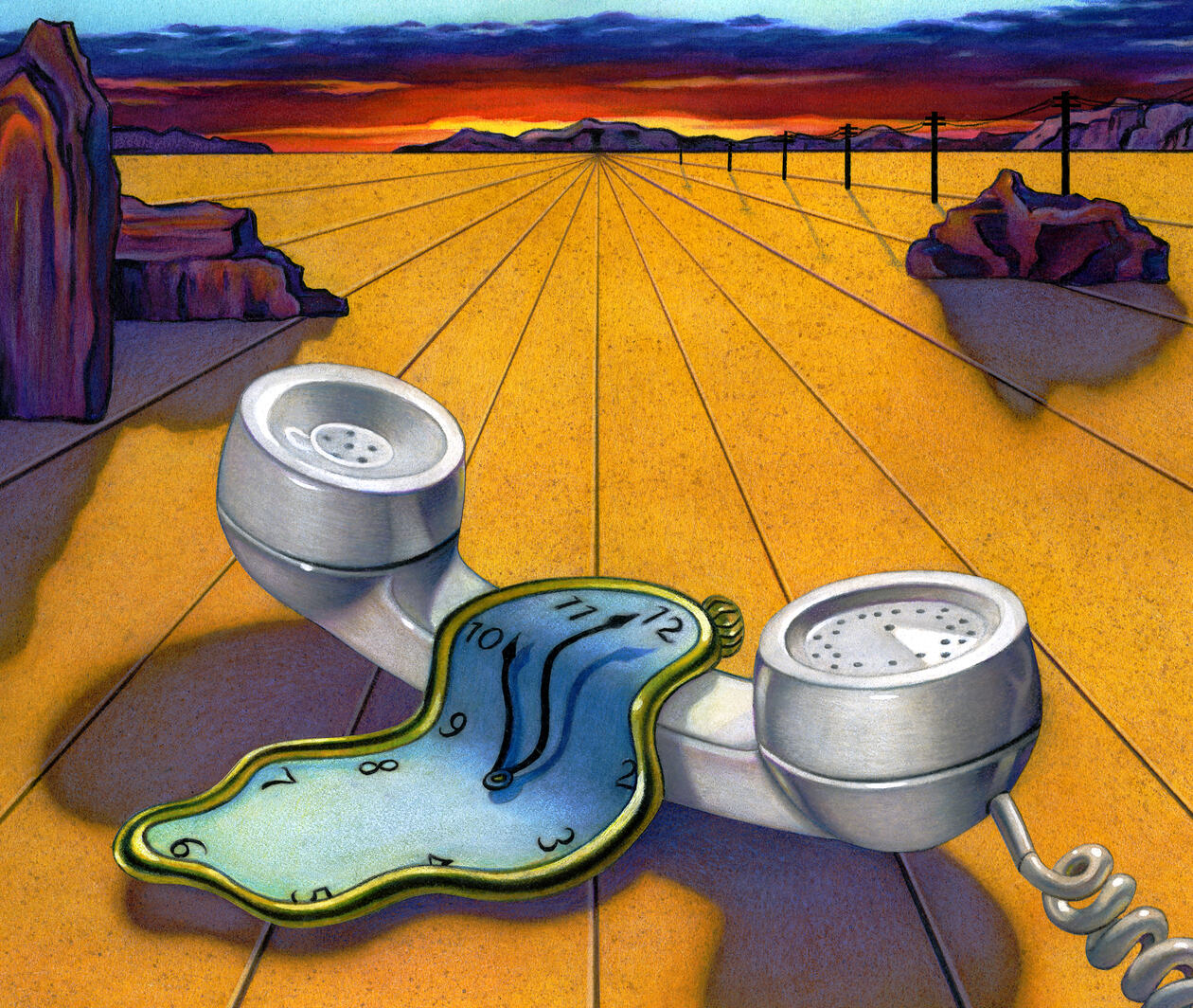 Surrealist illustration in the style of Salvador Dali, showing telelphone and melting clock.