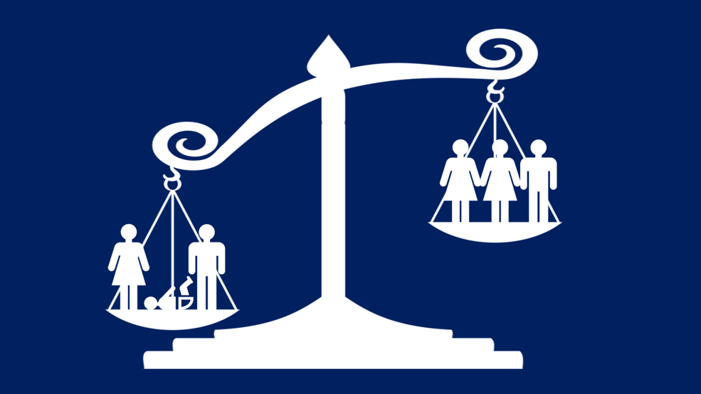 A cartoon picture of the scales of justice with different groups of people at each end of the scales.