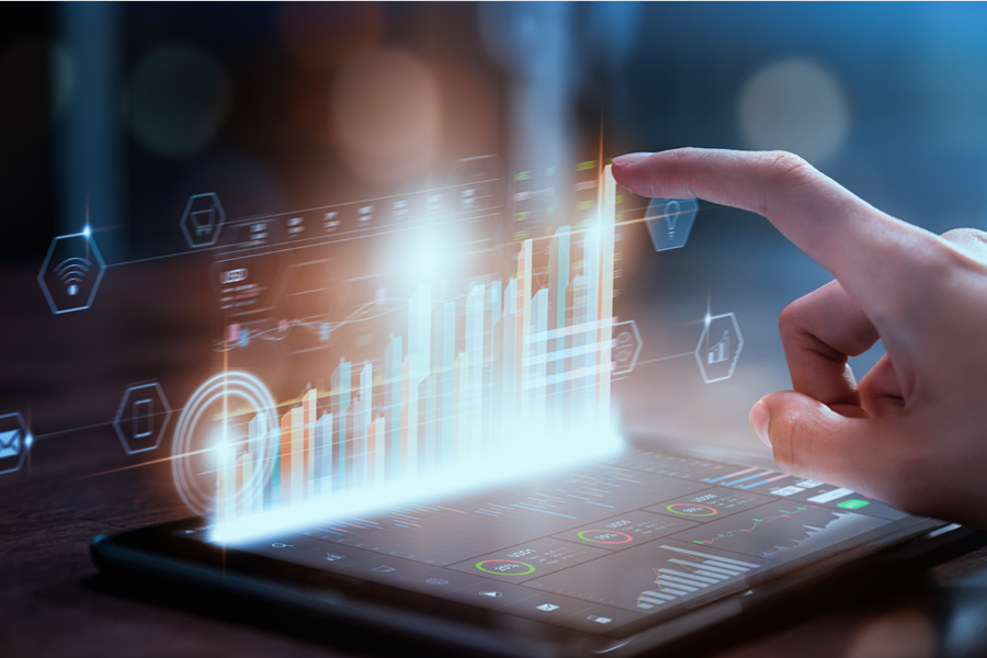 Stock exchange market concept, financial products options, businesswoman hand trader press digital tablet with graphs analysis candle line on table in office, diagrams on screen.