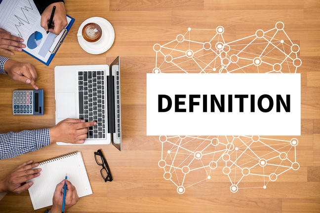 Three people looking at their laptop, with the word "definition" to the right