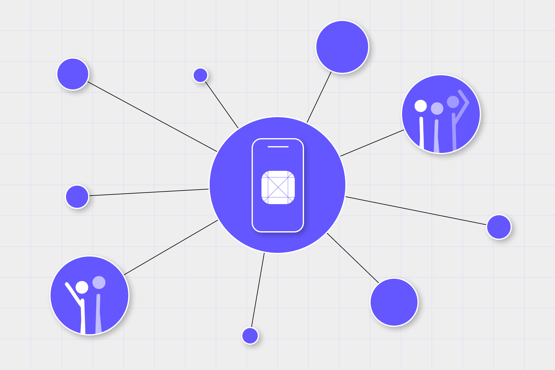 an illustration which depicts a technology surrounded by an array of nodes which are all connected to the technology in the centre, a metaphor for participatory design.