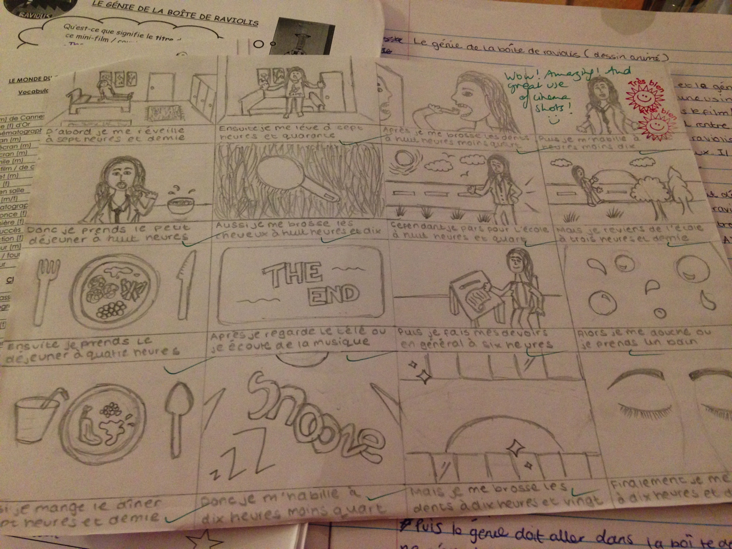 Storyboard drawn and annotated in French