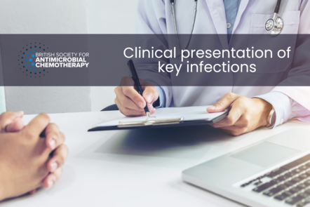 A doctor writing notes on a clipboard with title text 'clinical presentation of key infections'. 