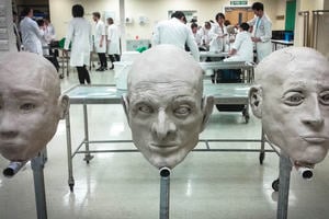The facial reconstruction models displayed in a lab