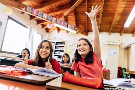 Four young girls in a classroom, viewed at a slant. The girl on the right of the picture has her left hand raised, and the girl sitting next to her is holding a pencil.