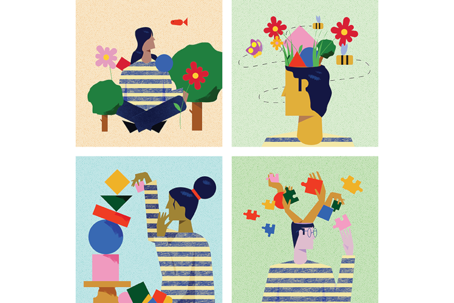 Four boxes in a grid, with illustrations of a woman sitting in nature, a man with wildlife emerging from the top of his head, a woman stacking various geometric shapes into a pile, and a man with several arms emerging from his head holding puzzle pieces.