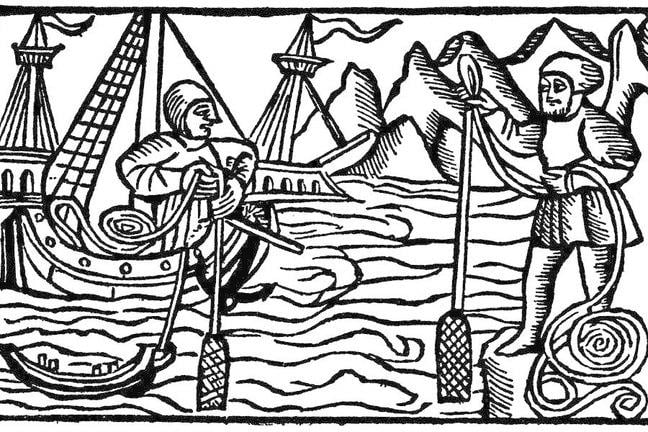 Woodcut of a ship approaching the shore, a sailor is using the sounding lead