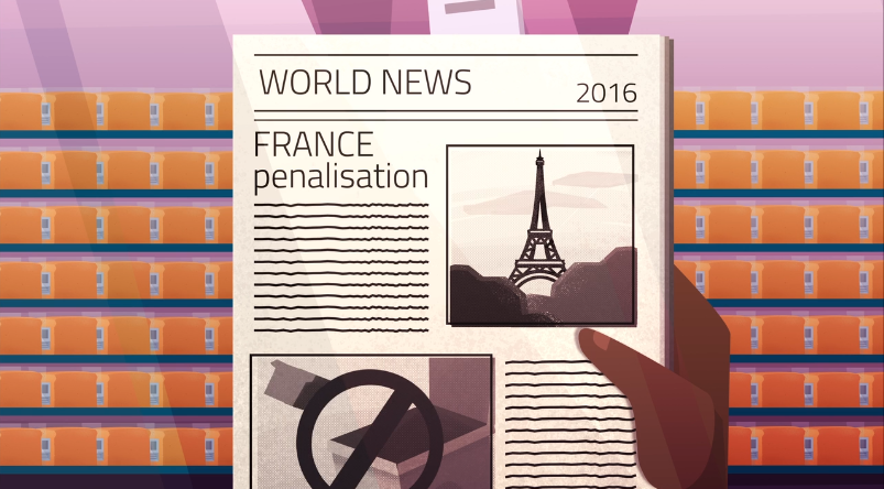 Graphic showing a hand holding a newspaper where the headline reads, 'France penalisation''