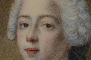 Oval miniature of Prince Charles Edward Stuart, wearing white powdered wig, under glass, with metal mount nailed to a shaped piece of mother-of-pearl