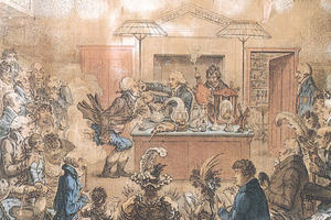 New Discoveries in Pneumaticks! or - an Experimental Lecture on the Powers of Air, a historic cartoon by James Gillray, 1802 (credit: Royal Institution).