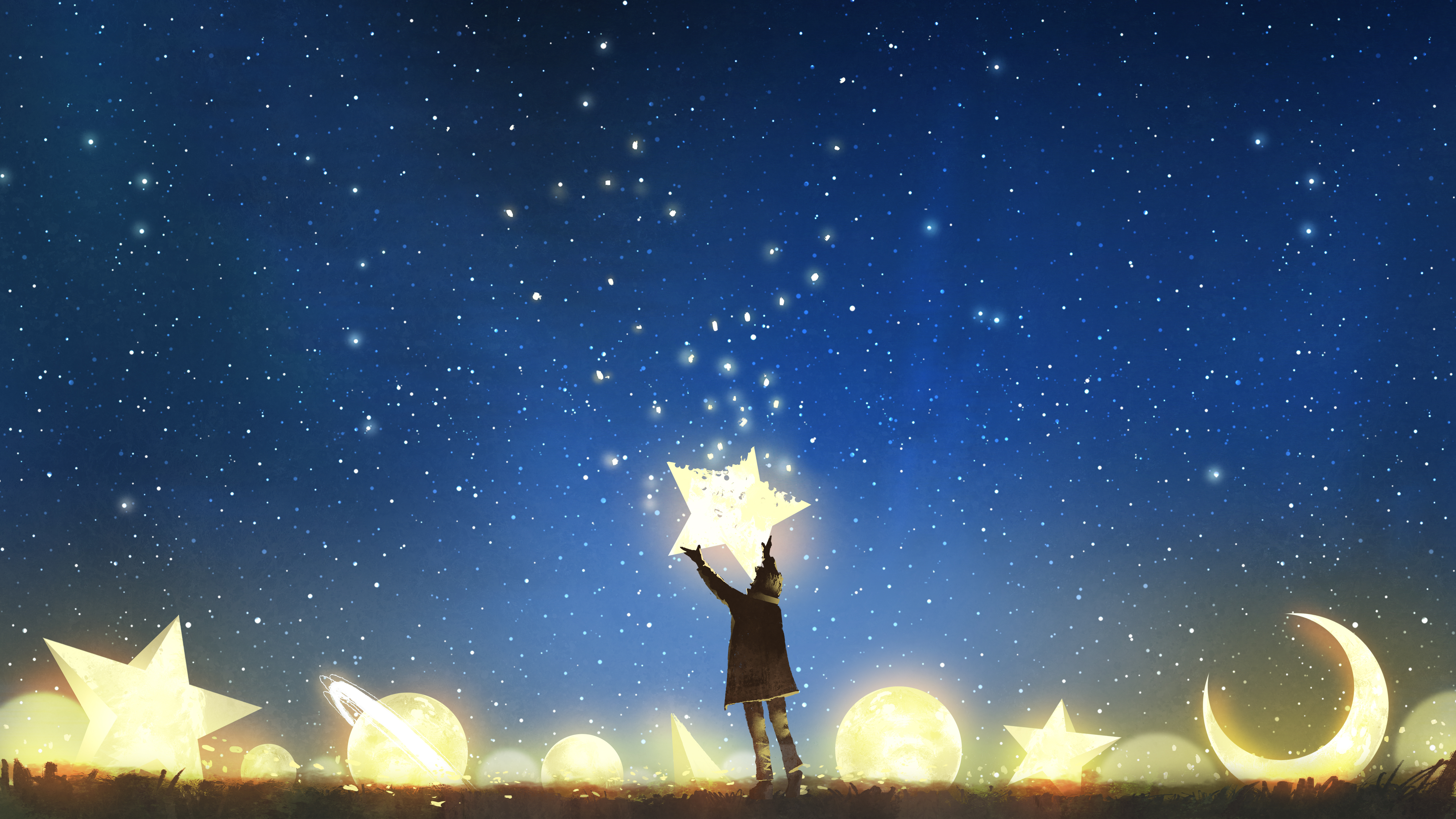 young boy standing among glowing planets and holding the star up in the night sky