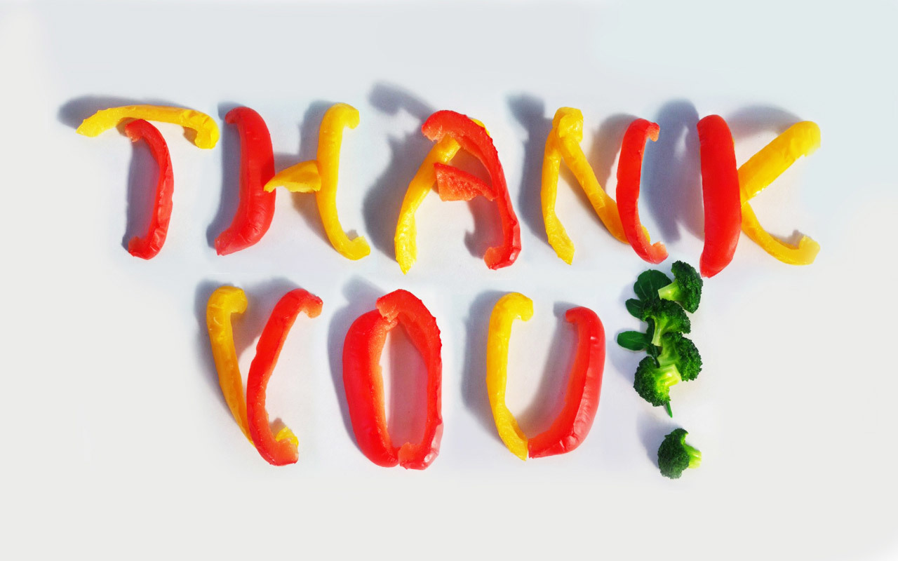 'Thank you' spelled out in colourful vegetable pieces