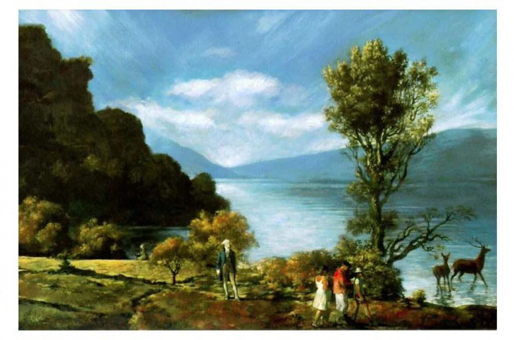 Lake shore - large tree on the left with a few people and animals on the lake shore. There are mountains in the distance.