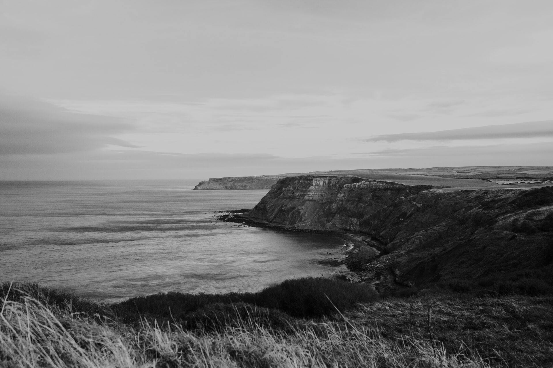 Black and white photo of The Yorkshire coast.